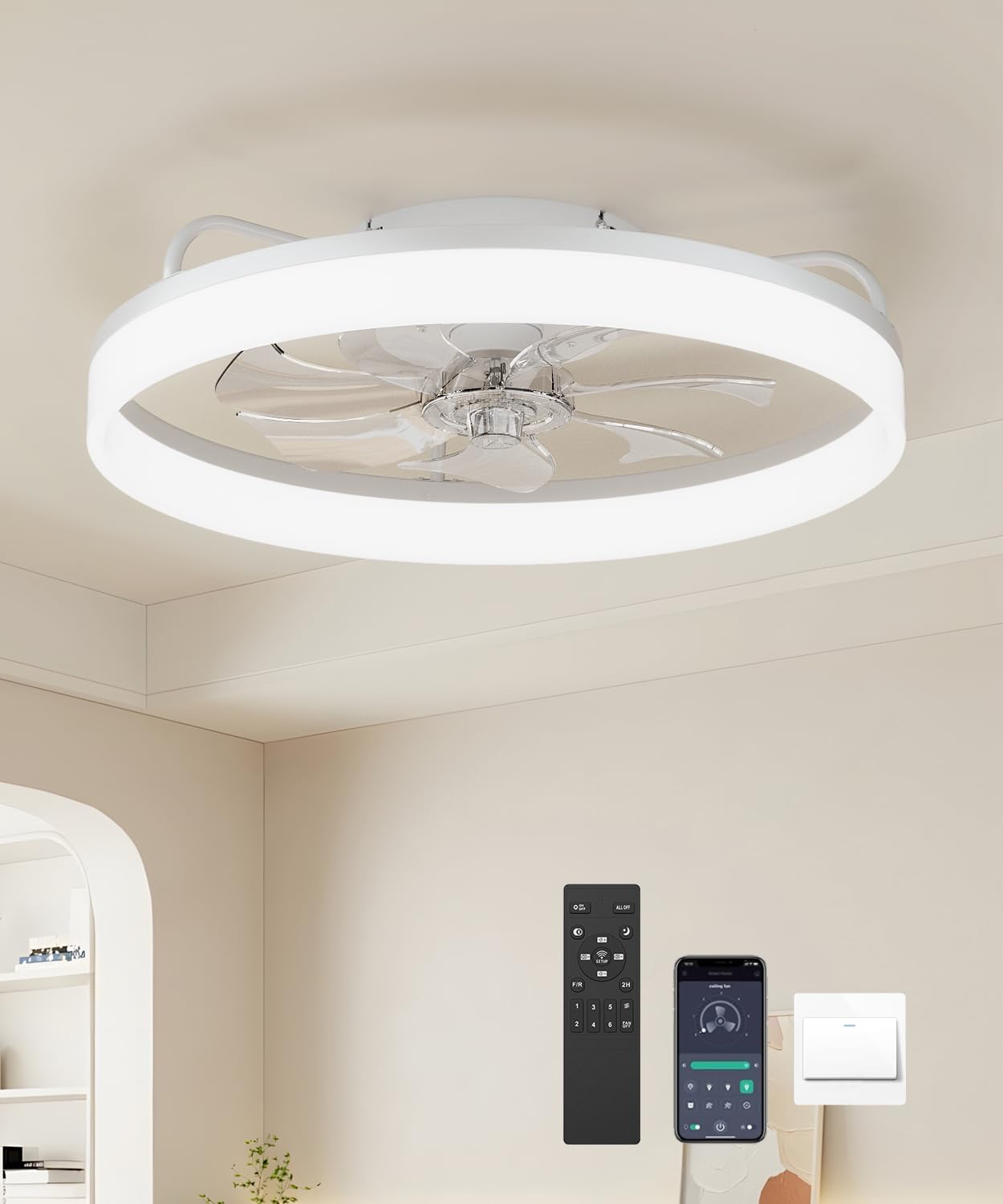 RRHG Ceiling Fans with Lights and Remote,19.7" Flush Mount Ceiling Fan with Lights,3000-6500K Dimmable and 6 Wind Speeds,Low Profile Ceiling Fan with Light for Bedroom, Kids Room.（White）