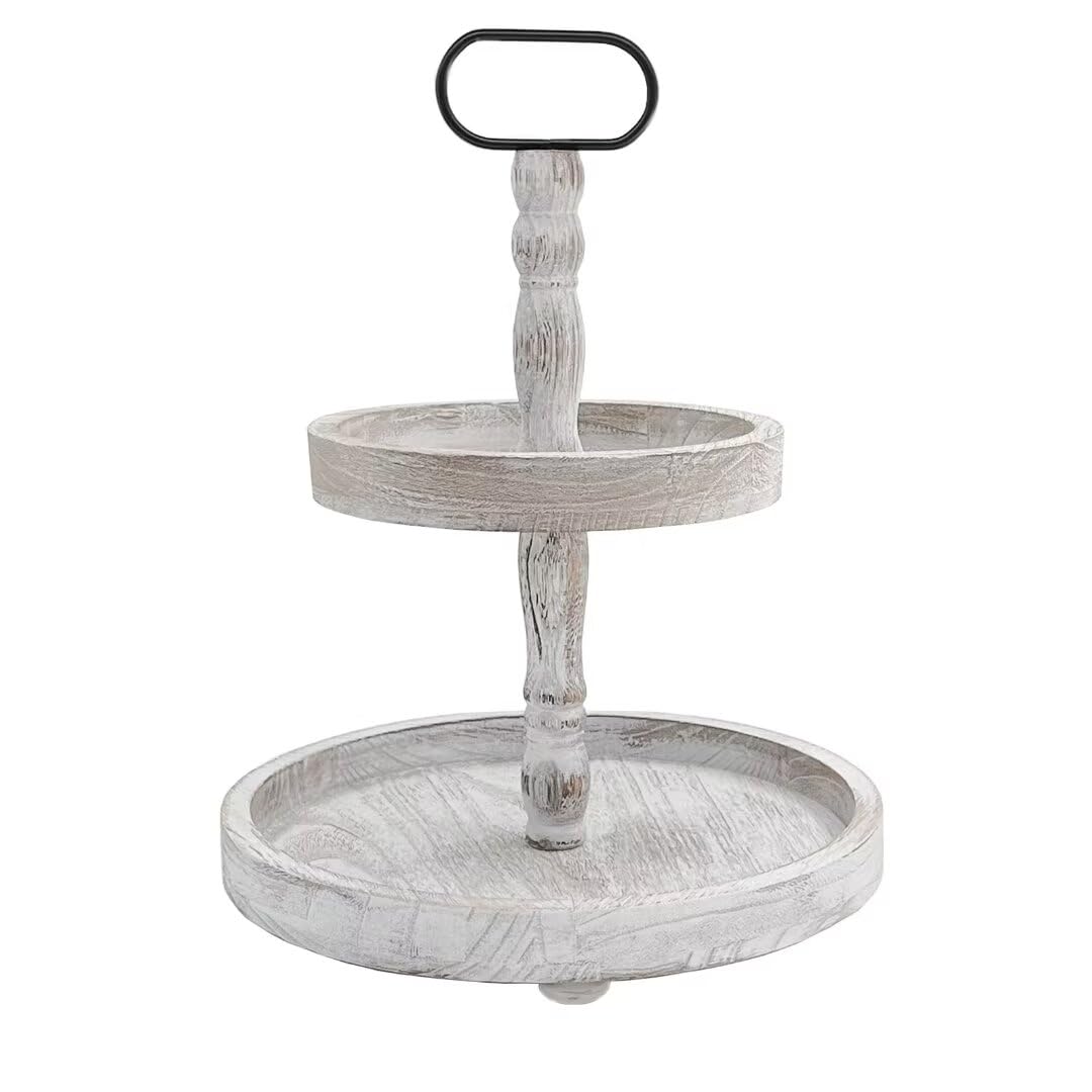 Farmhouse 2 Tiered Tray Stand for Home Decor, Wooden Serving Tiered Tray for Coffee Bar Table Centerpiece, Decorative Trays Kit for Countryside, Round Rustic Stand for Cake Cupcake(White)