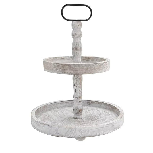 Farmhouse 2 Tiered Tray Stand for Home Decor, Wooden Serving Tiered Tray for Coffee Bar Table Centerpiece, Decorative Trays Kit for Countryside, Round Rustic Stand for Cake Cupcake(White)