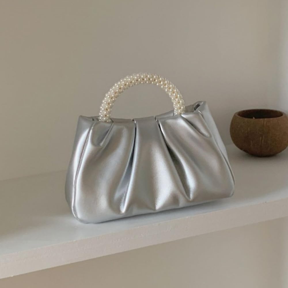 Beatfull Evening Purse Women Small Pearl Handbags Soft Leather Ruched Bag Wedding Bridal Clutch Party Prom Crossbody Purses Silver
