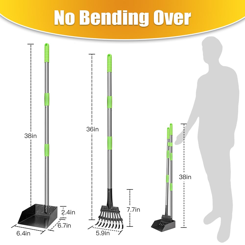 TOOGE Pooper Scooper, Dog Pooper Scooper Long Handle Stainless Metal Tray and Rake for Medium Small Dogs Heavy Duty Pet Supplies to Use for Grass, Dirt or Gravel