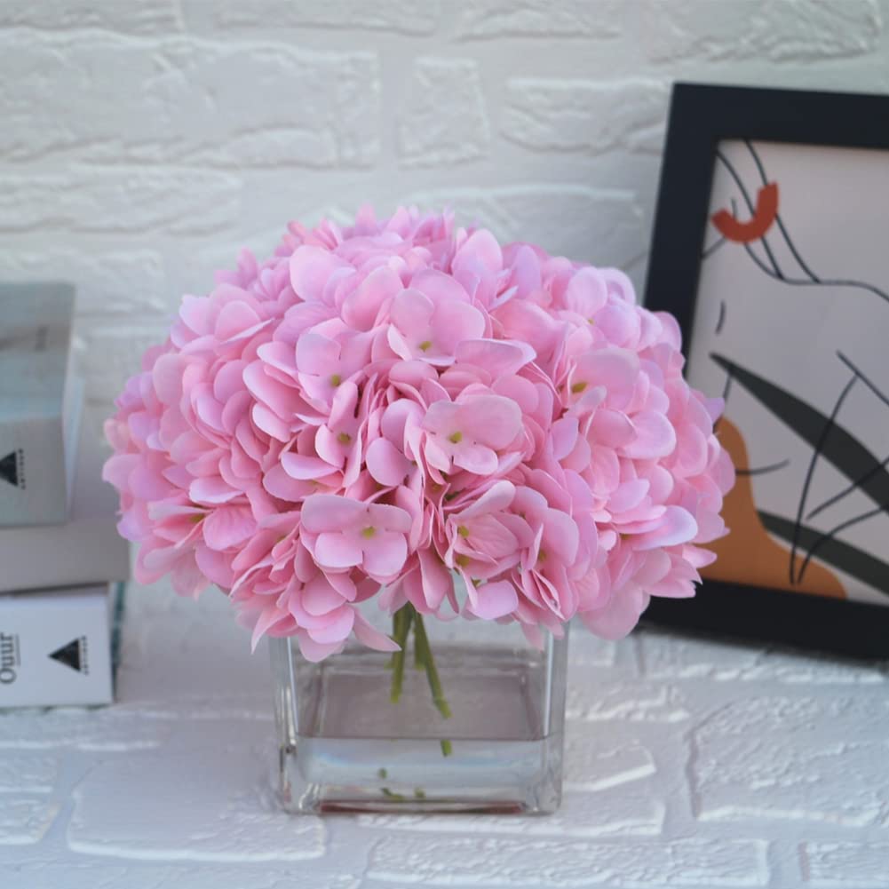 rubystory Silk Pink Hydrangea Artificial Flowers in Vase with Faux Water, Silk Flower Arrangements in Vase for Home Decor, Wedding Table (Pink)
