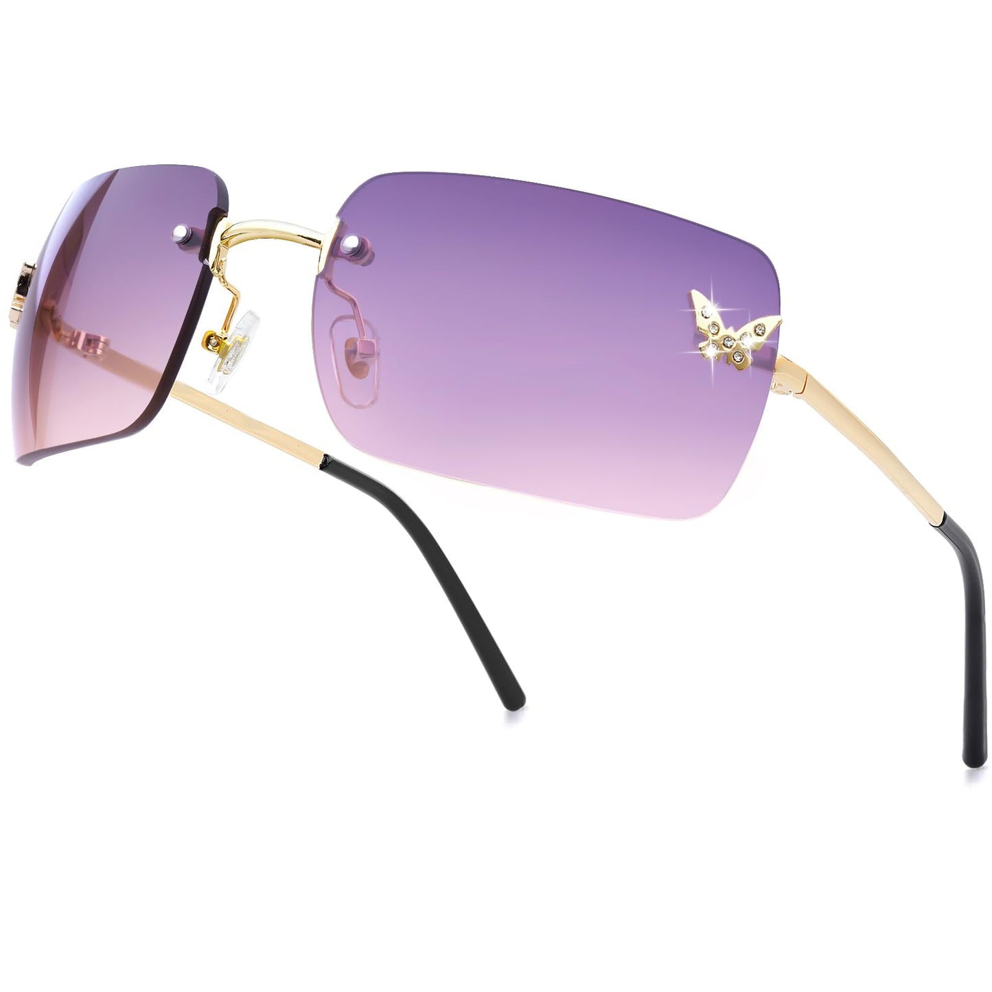 knliwkm Lentes de sol rectangulares Y2k sin montura para mujeres y hombres, lindos lentes tintados transparentes sin marco 2000S, tonos de moda mariposa