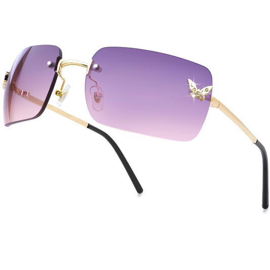 knliwkm Lentes de sol rectangulares Y2k sin montura para mujeres y hombres, lindos lentes tintados transparentes sin marco 2000S, tonos de moda mariposa