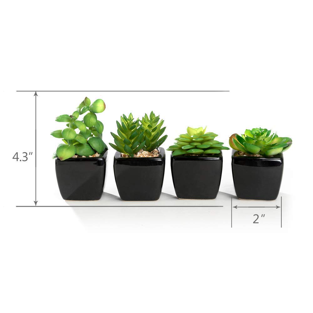 Nattol Modern Mini Artificial Succulent Plants Potted in Cube-Shape Black Ceramic Pots for Home Decor, Set of 4