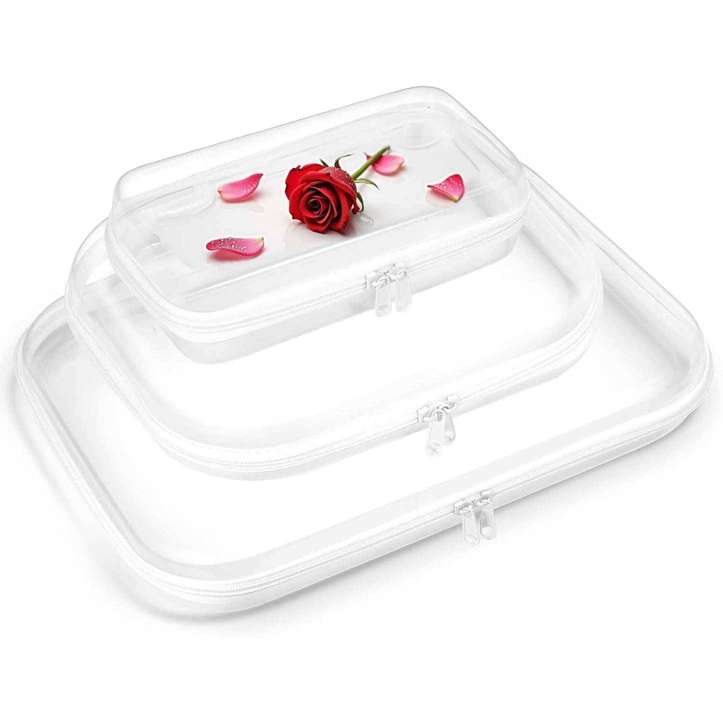 Nexorionar Clear Hard Shell Zipper Case, Zippered Pouch, Plastic Storage Containers for Small Toiletry Items, Toys, Building Blocks, Puzzles, Cosmetics & Stationery (Set of Large, Medium, Small)