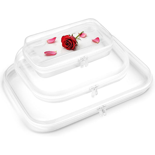 Nexorionar Clear Hard Shell Zipper Case, Zippered Pouch, Plastic Storage Containers for Small Toiletry Items, Toys, Building Blocks, Puzzles, Cosmetics & Stationery (Set of Large, Medium, Small)