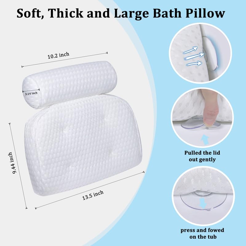 Bath Pillow for Bathtub Support Neck,Head and Back with Non-Slip Suction Cups and Comfortabl 4D AirenMesh Bathtub Pillow for Women & Men