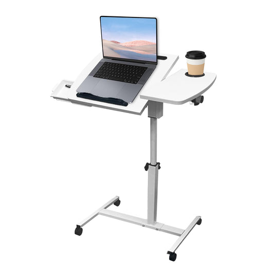 DOKKOME Medical Adjustable Overbed Bedside Table with Wheels, Mobile Standing Desk Laptop Computer Cart with Phone Holder and Drawer for Hospital and Home Use
