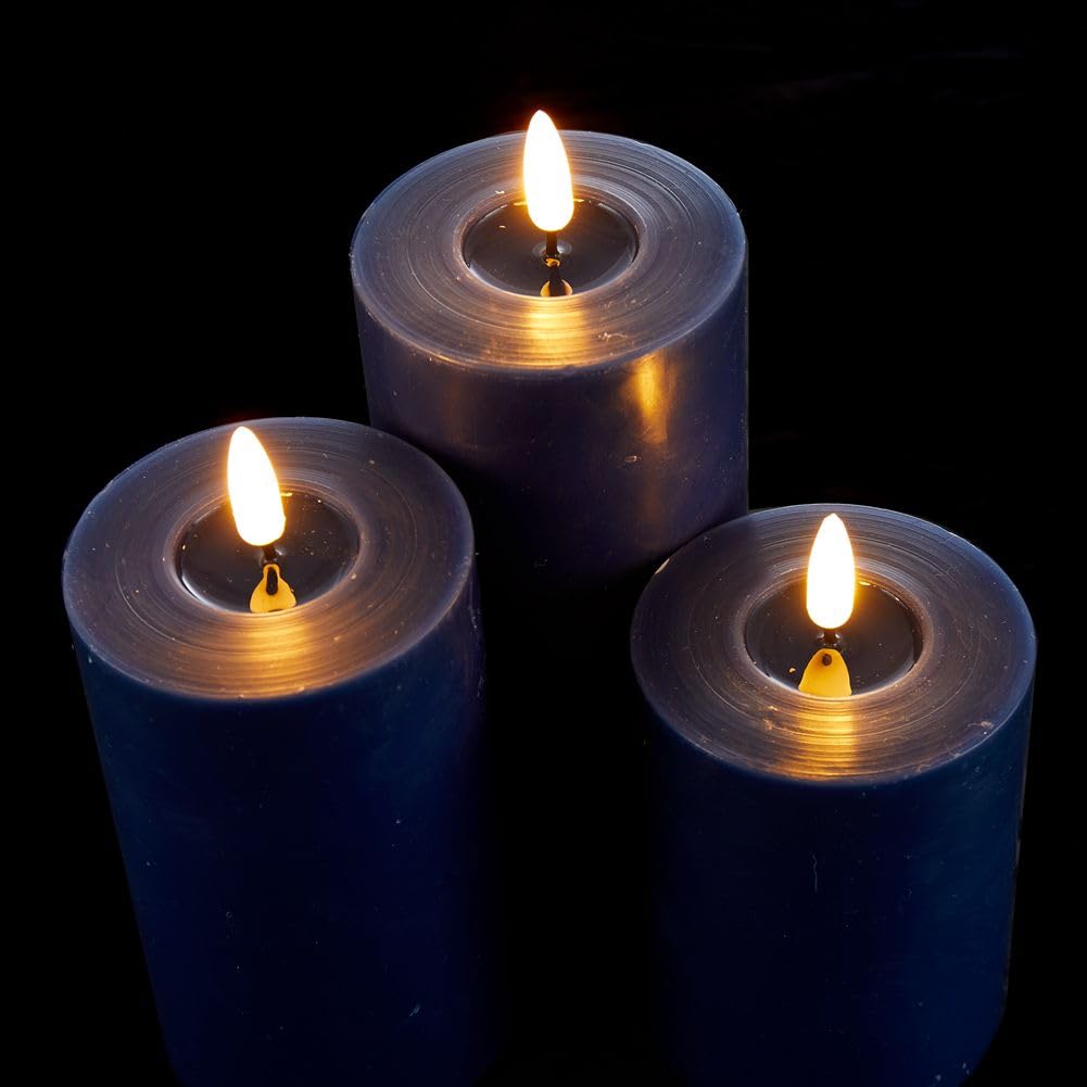 loliow Pillar Candles Battery Operated 3" Set of 3(Height 4" 5" 6") Flickering Flameless Candles with Remote LED Candles for Home Events Holiday Decoration Indoor & Outdoor (Navy)