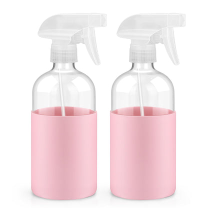 2 Pack Glass Spray Bottles with Silicone Sleeve, 16 oz Empty Refillable Containers with Adjustable Spray Nozzles, Spray Bottles for Hair, Cleaning Solutions and Plants White