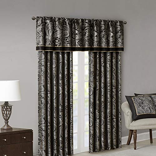 Madison Park Aubrey 2 Panel Curtain Faux Silk Paisley Jacquard, Rod Pocket Curtain For Living Room, Kitchen, Room Darkening Window Drape for Bedroom and Dorm, 2-PK 50x84", Black