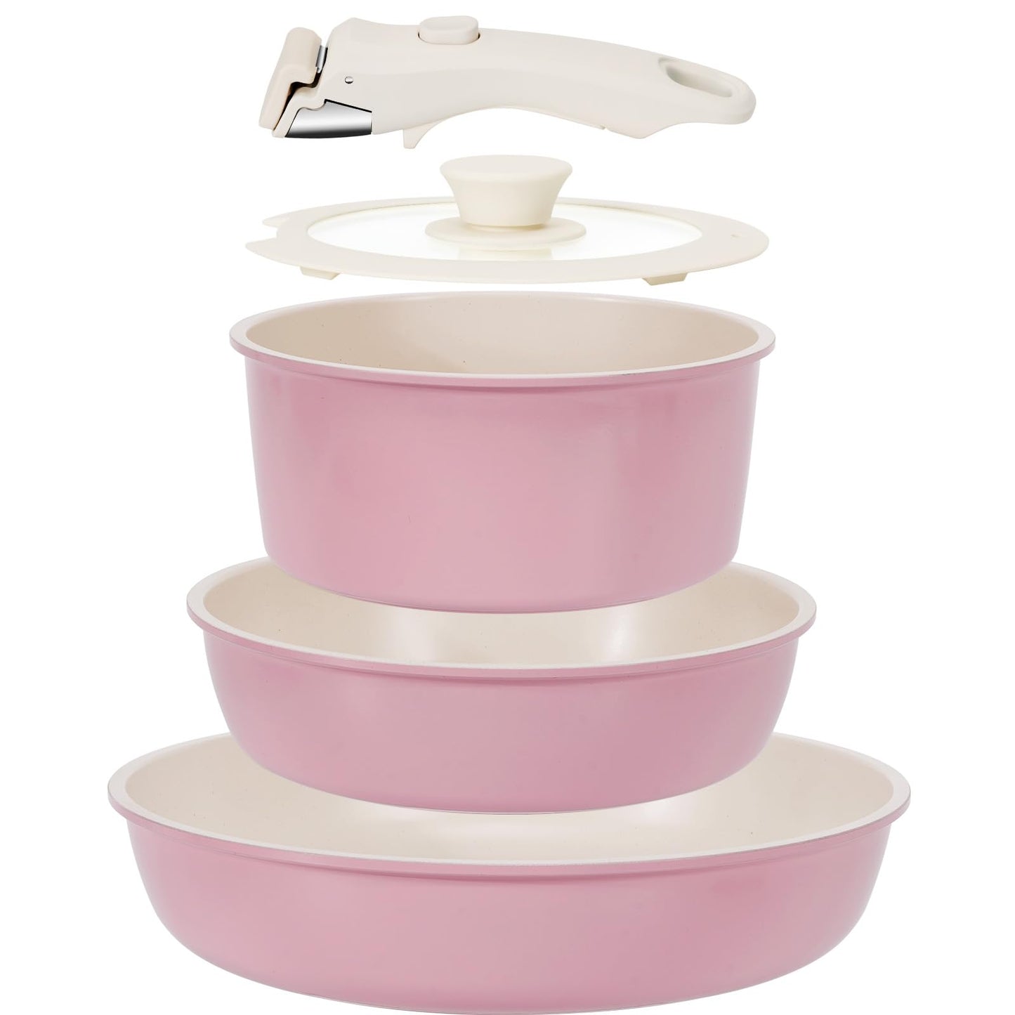 KIKCOIN 5 Pack Ceramic Pots and Pans Set Non Stick, Kitchen Cookware Set Detachable Handle, Non Toxic Cooking Set with Removable Handles, Induction Dishwasher/Oven Safe, Ollas de Cocina, Pink