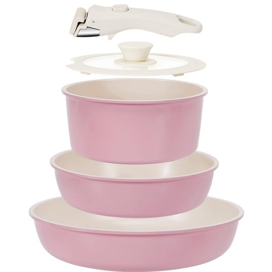 KIKCOIN 5 Pack Ceramic Pots and Pans Set Non Stick, Kitchen Cookware Set Detachable Handle, Non Toxic Cooking Set with Removable Handles, Induction Dishwasher/Oven Safe, Ollas de Cocina, Pink