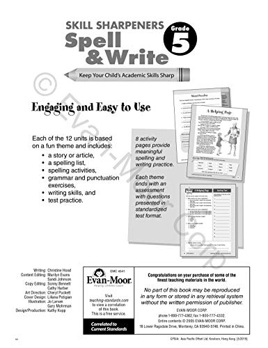 Evan-Moor Skill Sharpeners Spell and Write Workbook, Grade 5, 144 Spelling Words, Test Prep, Compound Words, Conjunctions, Grammar, Punctuation, Creative Writing, Vocabulary, Activities, Homeschool