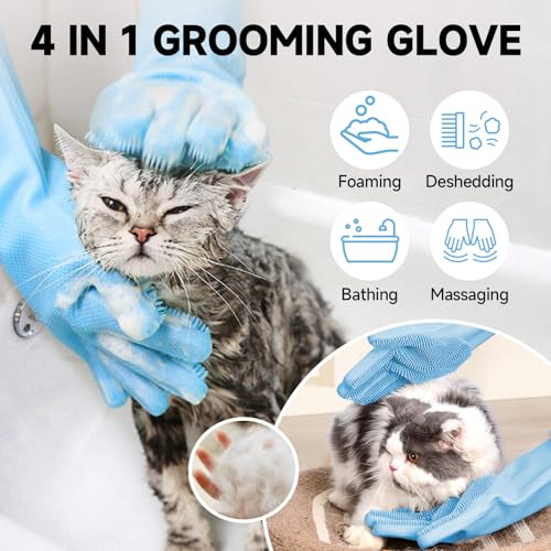 KUEIOX Dog Washing Gloves - Quick Drying Dog Towel,Cat Bath Grooming Gloves Brush with High-Density Teeth for Bathing Massaging，Absorbent Pet Bath Towel 30.3"x13.8" with Hand Pocket for Dog Cat Blue