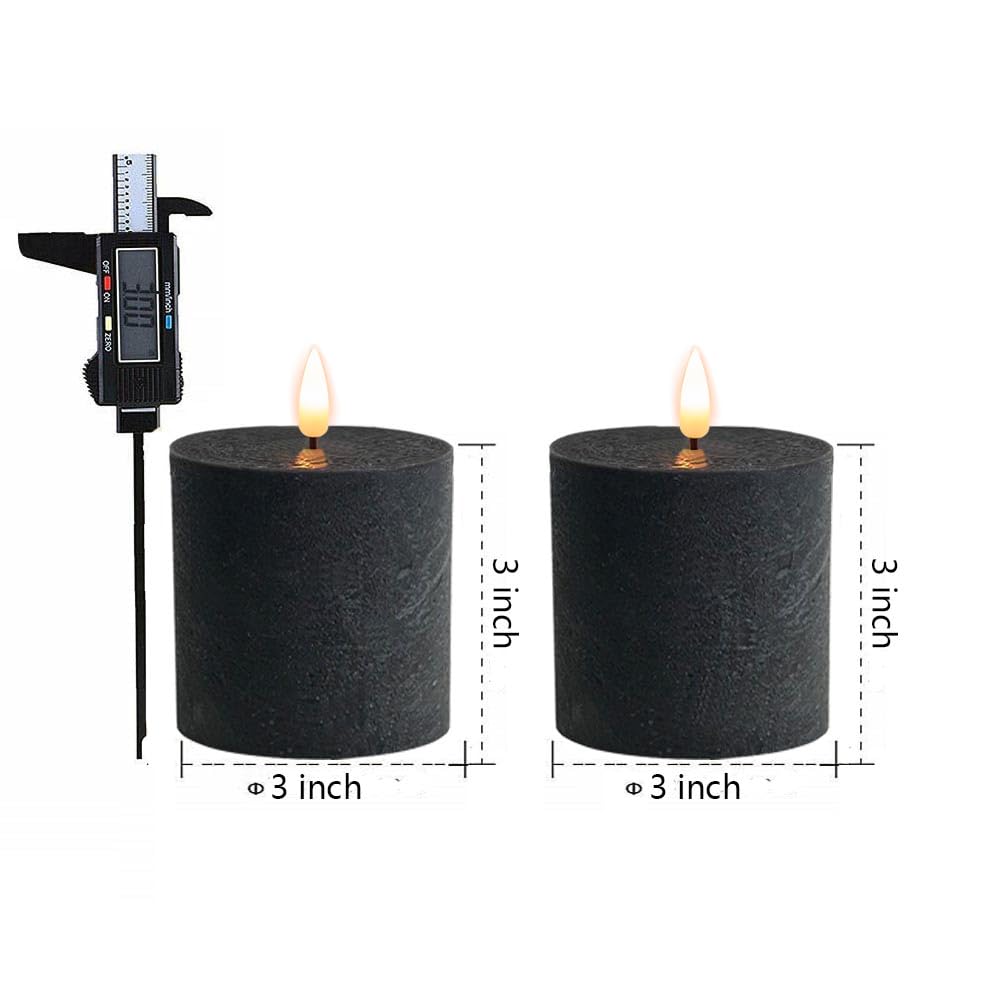 volnyus Black Flameless Candles Set of 2 (3x3 inch) Real Wax Flickering LED Candles Battery Operated with Remote Control Timers for Halloween Fireplace Livingroom Party Dimmable Pillars Flat top