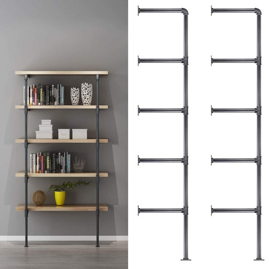 Niubid 3/4 Inches Malleable Cast Iron Pipe 2 PCS 5 Tier with Support. Vintage Industrial Wall Mount Bookshelf Shelving Unit, DIY Open Bookshelf, Shelf Shelves, Home Improvement Kitchen Shelves.