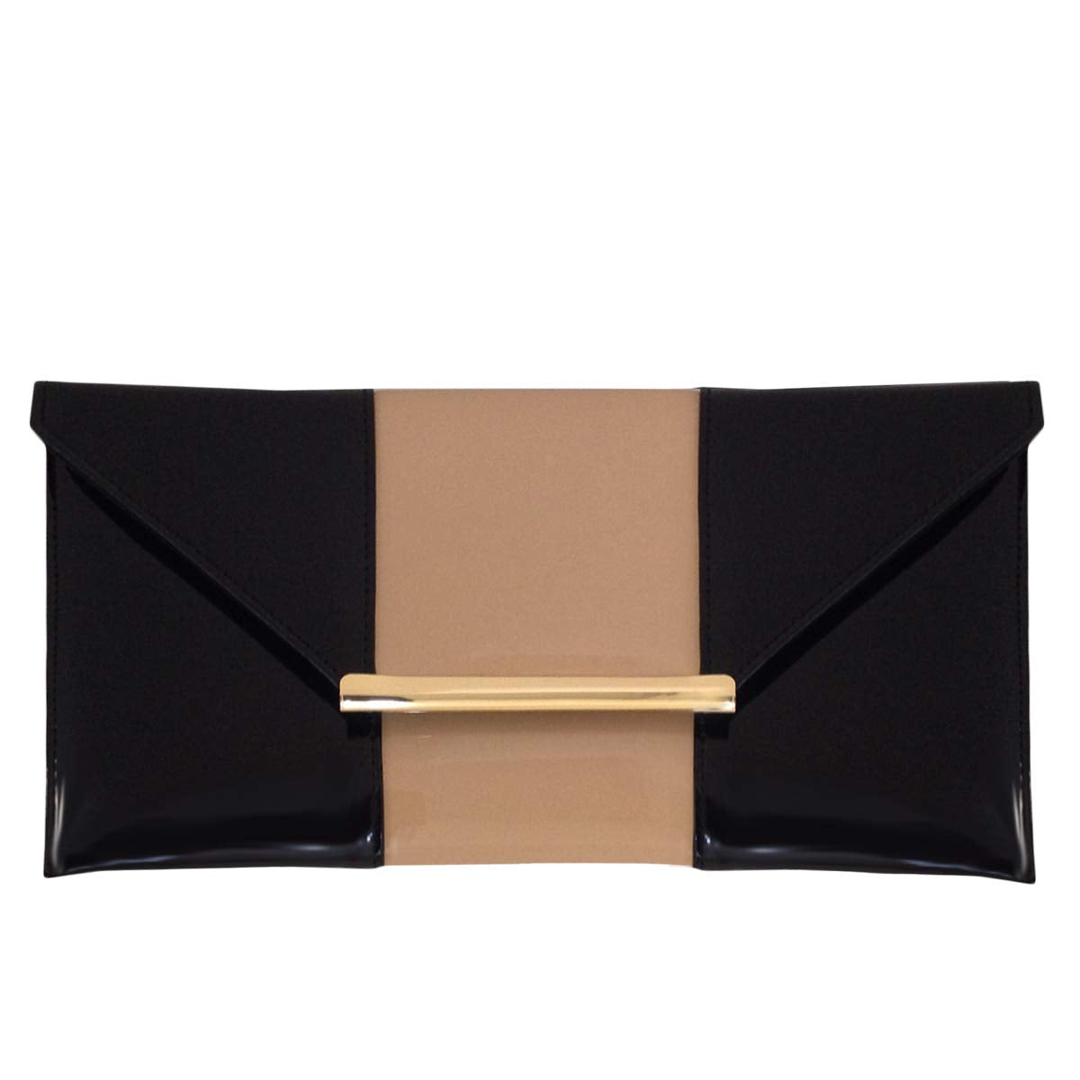 JNB Patent Color Block Envelop Clutch, Taupe/Black