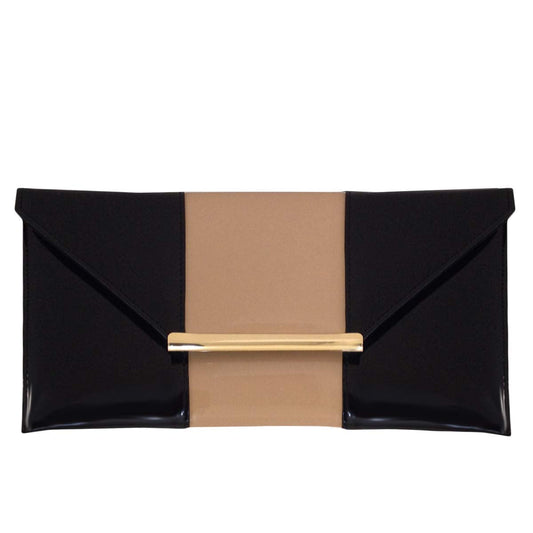 JNB Patent Color Block Envelop Clutch, Taupe/Black