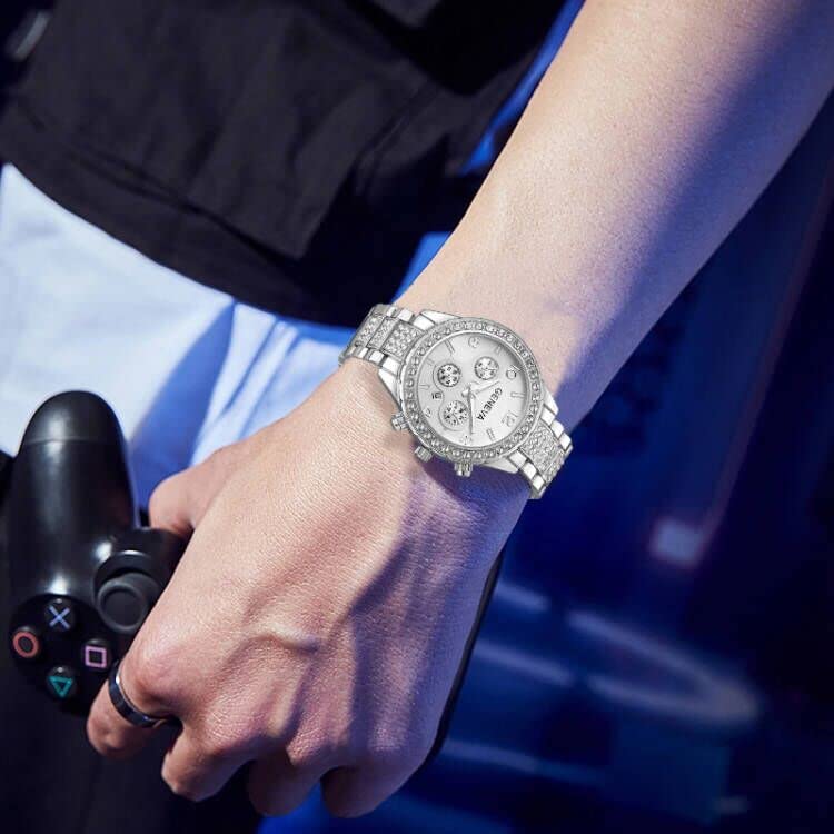 Gosasa Luxury Unisex Crystal Diamond Watches Quartz Digital Calendar Rose Gold Silver Stainless Steel Watch (Silver)