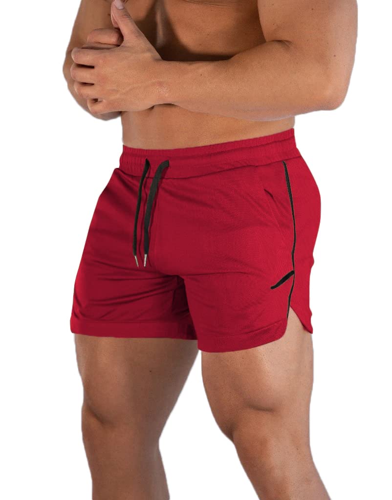 FLYFIREFLY Men's Gym Workout Shorts Running Lightweight Athletic Short Pants Bodybuilding Training Red