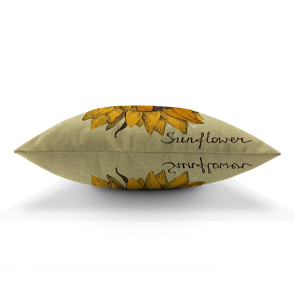 AOYEGO Sunflower in Retro Style Throw Pillow Cover Isolated Grid Floral Sketch Nature Plant Pillow Case 18x18 Inch Square Cushion Cotton Linen Decorative for Couch Bed Home