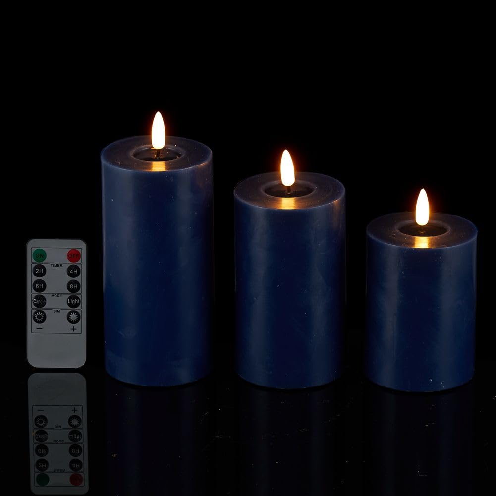 loliow Pillar Candles Battery Operated 3" Set of 3(Height 4" 5" 6") Flickering Flameless Candles with Remote LED Candles for Home Events Holiday Decoration Indoor & Outdoor (Navy)