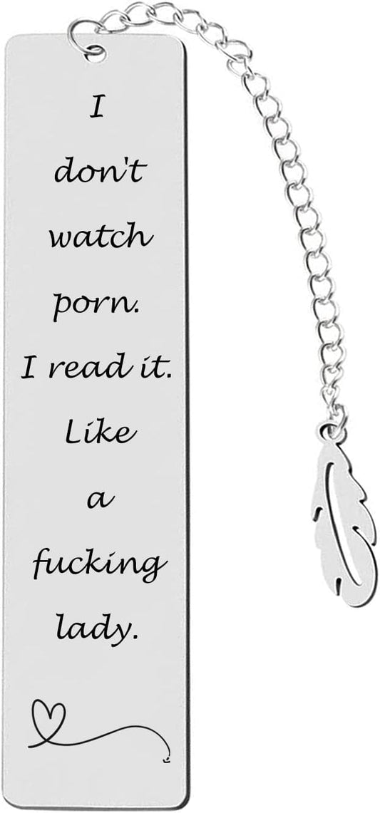 Metal Bookmark Gift,Engraved 'I Don't Watch Porn.I Read it Like a Fking Lady' Stainless Steel Leaf Pendant Book Mark with Exquisite Gift Box for Women Men Friends Teacher Classmate Book Lovers