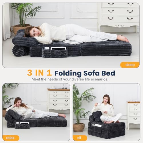 Domiqut 3 in 1 Folding Sofa Bed, Convertible Sleeper Chair with Pillow, Chair Bed with Back Support, Couches for Living Room, Foam Floor Mattress with Cushion, Single Size, Dark Grey