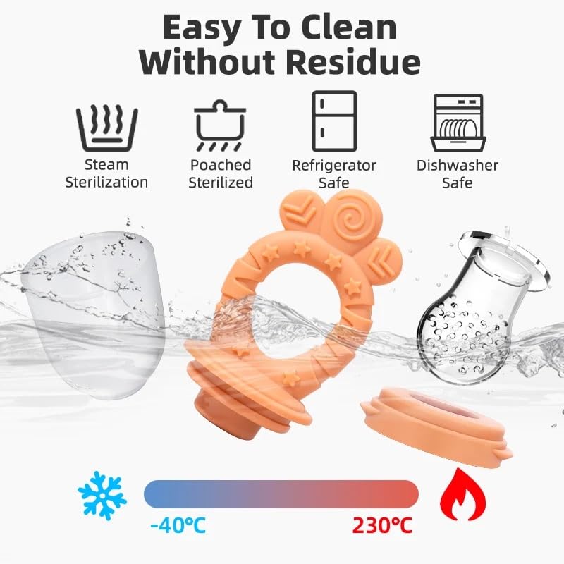 Minie Joo Baby Fruit Feeder Pacifier – 7-in-1 Silicone Teether Toy & Food Feeder with Spoon, Fork, and Interchangeable Heads – BPA-Free, Anti-Choke, Self-Feeding Set for Infants & Toddlers