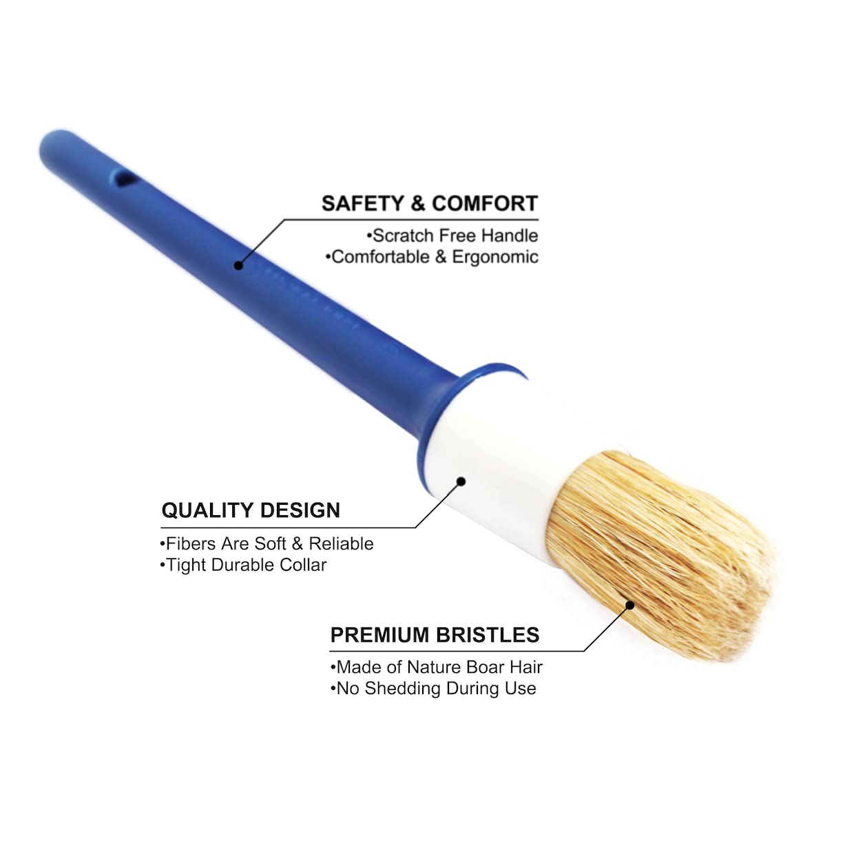 Natural Boar Hair Detailing Brush 5pcs Set, Automotive Non-Slip Detail Brushes for Cleaning Wheels, Engine, Interior, Exterior, Leather, Seat, Lug Nut, Emblems, Air Vents, Car, Motorcycle