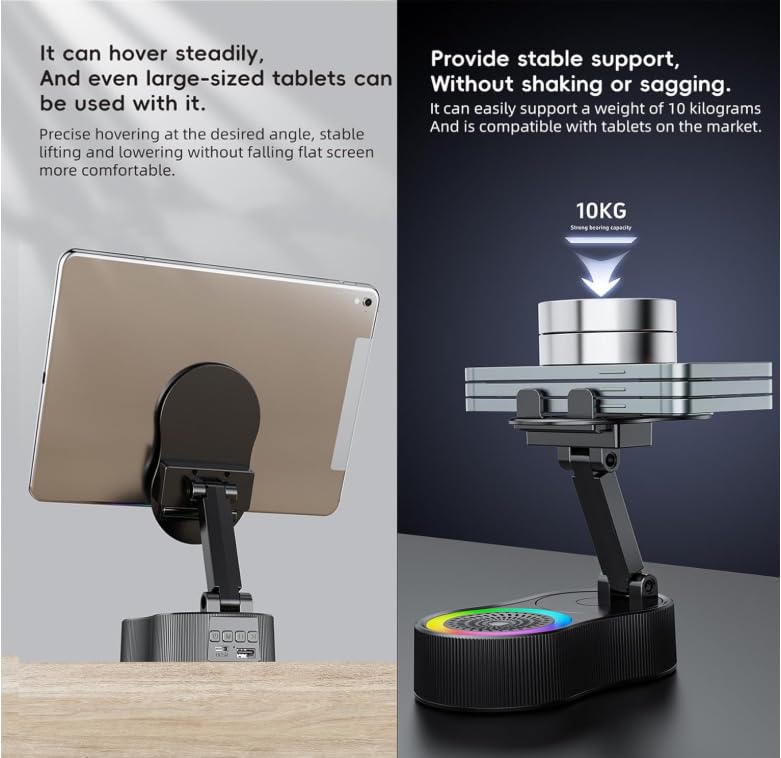 5-in-1 Wireless Induction Bluetooth Speaker Stand with Foldable Phone Holder, Power Bank & Ambient Light — Desktop/Home, Plastic/Metal Composite (Minimalist Design) (White)