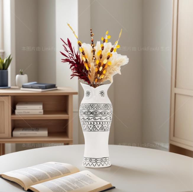 Handcrafted Owl Ceramic Flower Vase - Nordic Boho Farmhouse Centerpiece Owl Decor for Coffee Table& Shelf Living Room Decorative with Pampas Grass