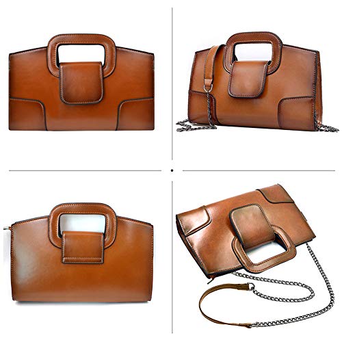 ZLMBAGUS Women Vintage Flap Tote Top Handle Satchel Handbags PU Leather Clutch Purse Casual Messenger Chain Shoulder Crossbody Bag Brown