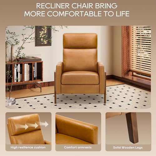 COLAMY Push Back Recliner Chair, Upholstered Leather Recliner with Footrest 118-150 Degree Adjustable, Comfy Modern Wingback Recliner for Living Room, Bedroom,Small Spaces,Camel