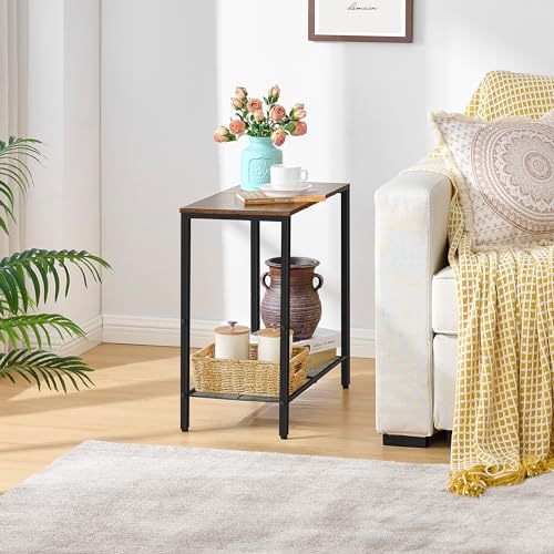 Hoctieon 2 Tier End Table, Sofa Side Table, Narrow Side Table with Storage, Slim Nightstand for Small Spaces, Metal Frame, for Living Room, Bedroom, Sofa Couch, Hall, Rustic Brown