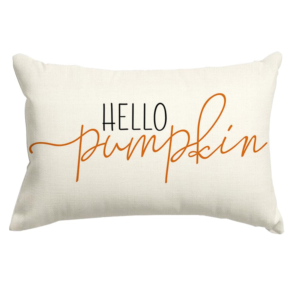 RABUSOFA Fall Pillow Covers 12x20 Inch,Autumn Hello Pumpkin Pillows Decorative Throw Pillows,Lumbar Outdoor Thanksgiving Cushion Cover Farmhosue Fall Decor for Bedroom Couch Sofa White