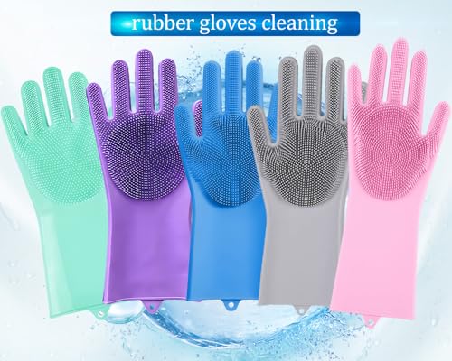 PEOKPIPLE 5 pairs Silicone Dishwashing & Pet Grooming Gloves - 2-in-1 Heat Resistant Gloves with High-Density Teeth, Enhanced Five Finger Design for Bathing, Cleaning Dishes, Cars, Dogs & Cats