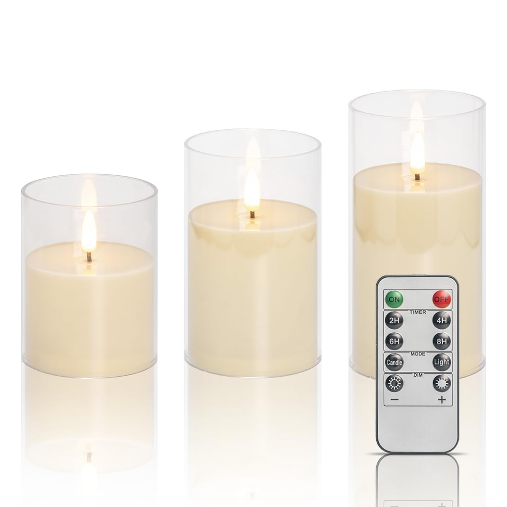 EVISINH Novelty Candle LED Flickering Flameless Candles with 10 Key Remote Timer,Battery Operated for Home Christmas Wedding Celebration Decor, Ivory, Pack of 3
