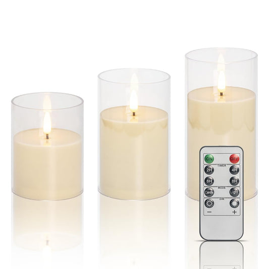 EVISINH Novelty Candle LED Flickering Flameless Candles with 10 Key Remote Timer,Battery Operated for Home Christmas Wedding Celebration Decor, Ivory, Pack of 3