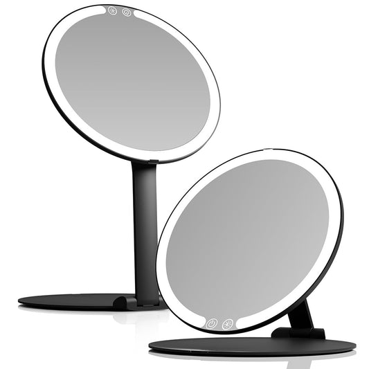 Fancii Abigail Rechargeable Travel Makeup Mirror with LED Light, 8" Foldable Stand, 3 Color Lighting Travel Mirror. Dimmable & Lightweight Portable Vanity Mirror, Beauty Travel Essential (Black)