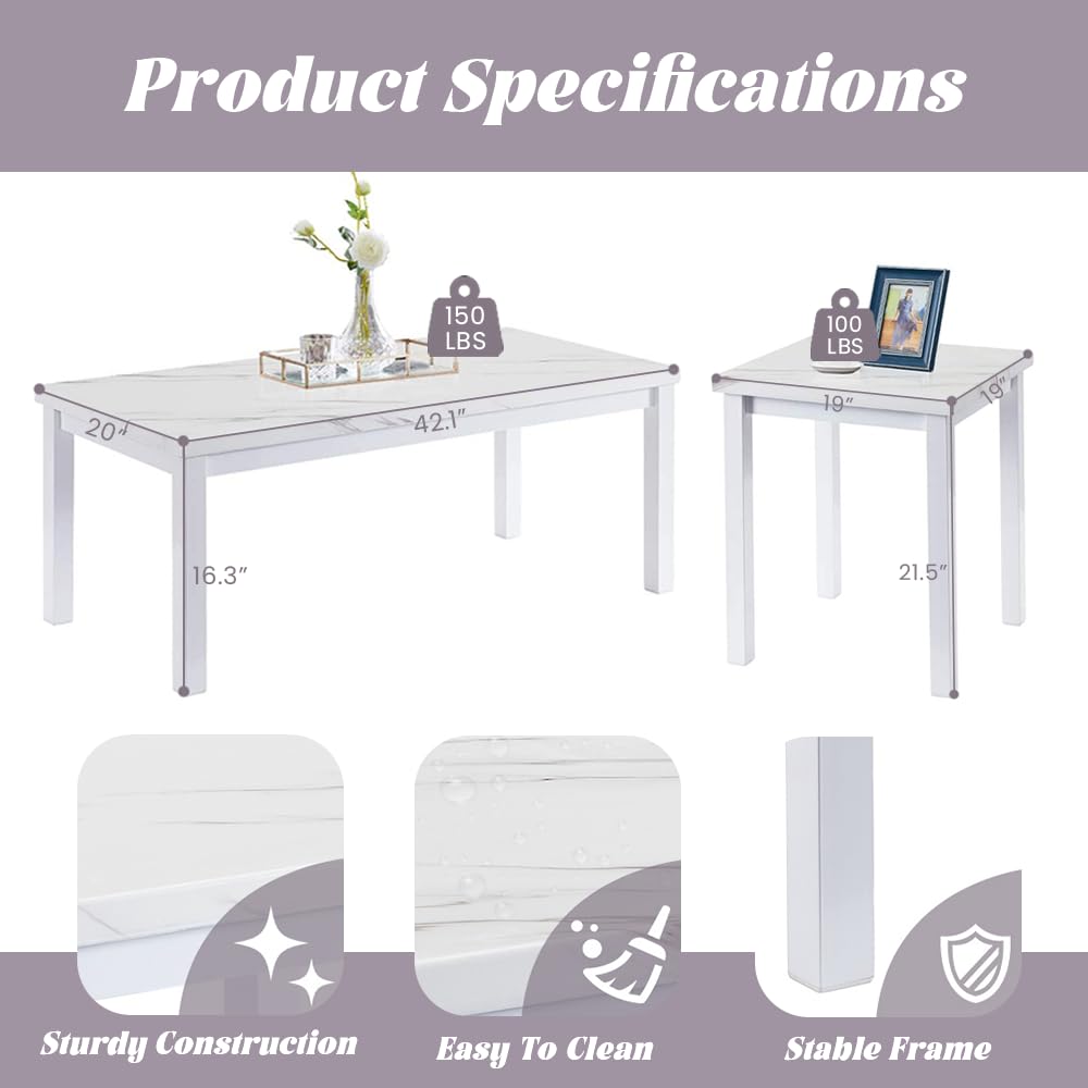 Recaceik Coffee Table Set of 3, Modern Living Room Table Set, Faux Marble Coffee Table and End Table Sets, Simple & Stylish Center Tables for Living Room Home Office Apartment Furniture