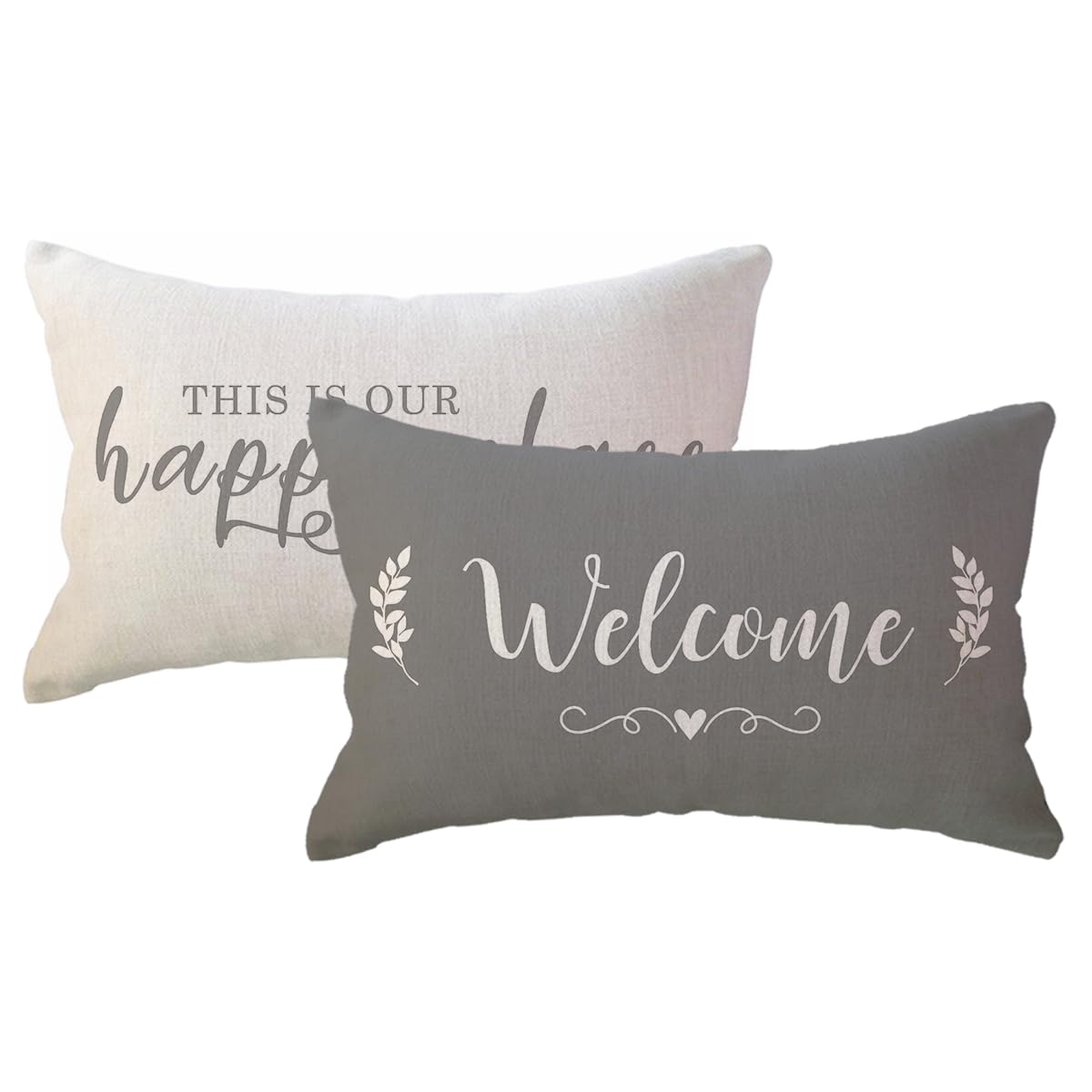 ULOVE LOVE YOURSELF 2Pack Welcome to Our Happy Place Decorative Pillowcases Home Quotes Lumber Cushion Covers 12 x 20 Inch Rustic Family Words Farmhouse Decor for Sofa/Couch/Porch (Grey)