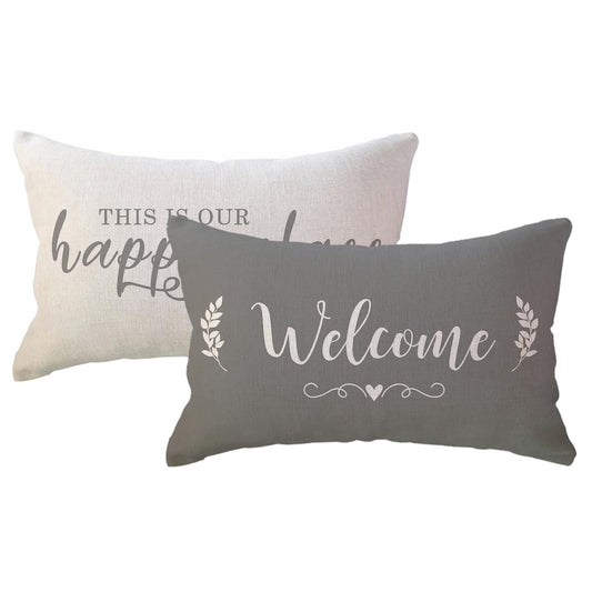 ULOVE LOVE YOURSELF 2Pack Welcome to Our Happy Place Decorative Pillowcases Home Quotes Lumber Cushion Covers 12 x 20 Inch Rustic Family Words Farmhouse Decor for Sofa/Couch/Porch (Grey)