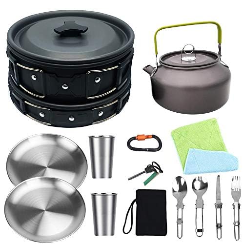 Bisgear Camping Cookware Kettle Mess Kit - Camping Cooking Set Stainless Steel 18/8 Plates Cups with Lids &Sleeves Cutlery - Camping Pots and Pans Set - Backpacking Gear Camp Accessories Equipment