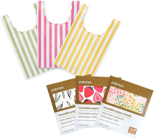 Papaya Reusable Starter Pack – 6 Reusable Paper Towels + 3 Reusable Everything Bags – Eco-Friendly, Compostable, Machine Washable, Durable, Stylish Sustainable Kitchen Essentials