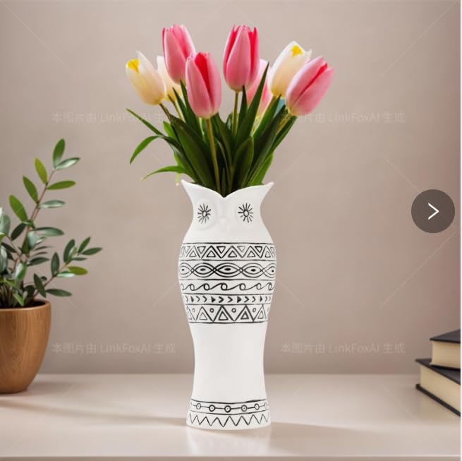 Handcrafted Owl Ceramic Flower Vase - Nordic Boho Farmhouse Centerpiece Owl Decor for Coffee Table& Shelf Living Room Decorative with Pampas Grass