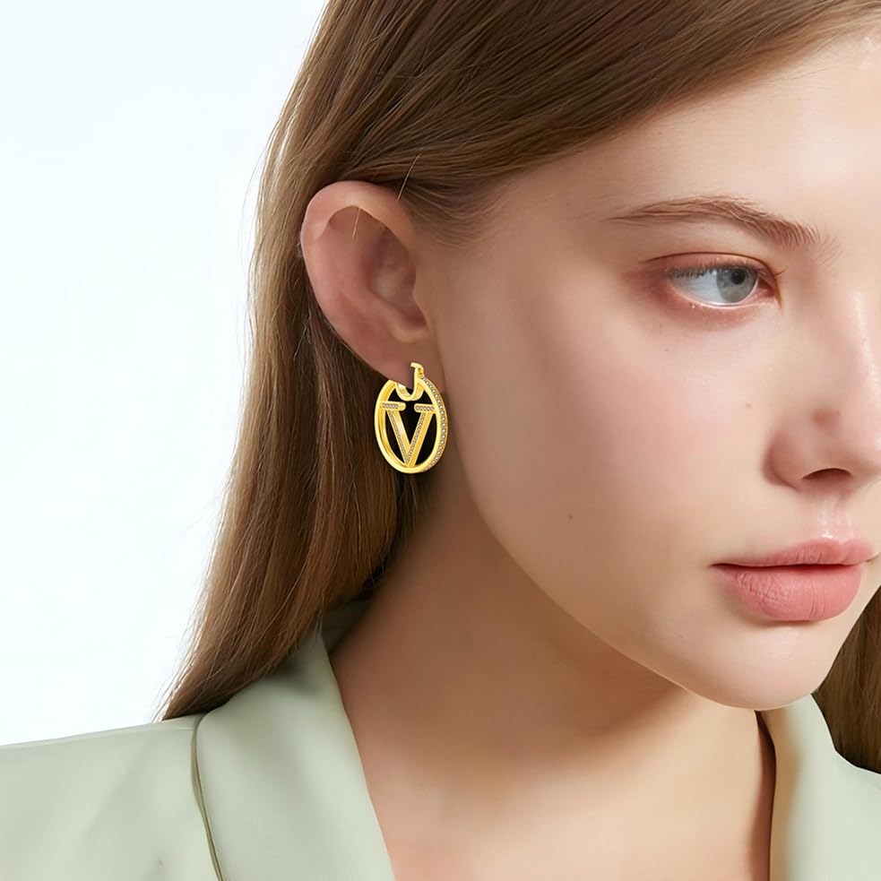 18K Gold Luxury Letter Earrings for Women and Sisters | Valentines, Birthday Gifts, Elegant Accessories for Any Occasion (Luxury V Earrings)