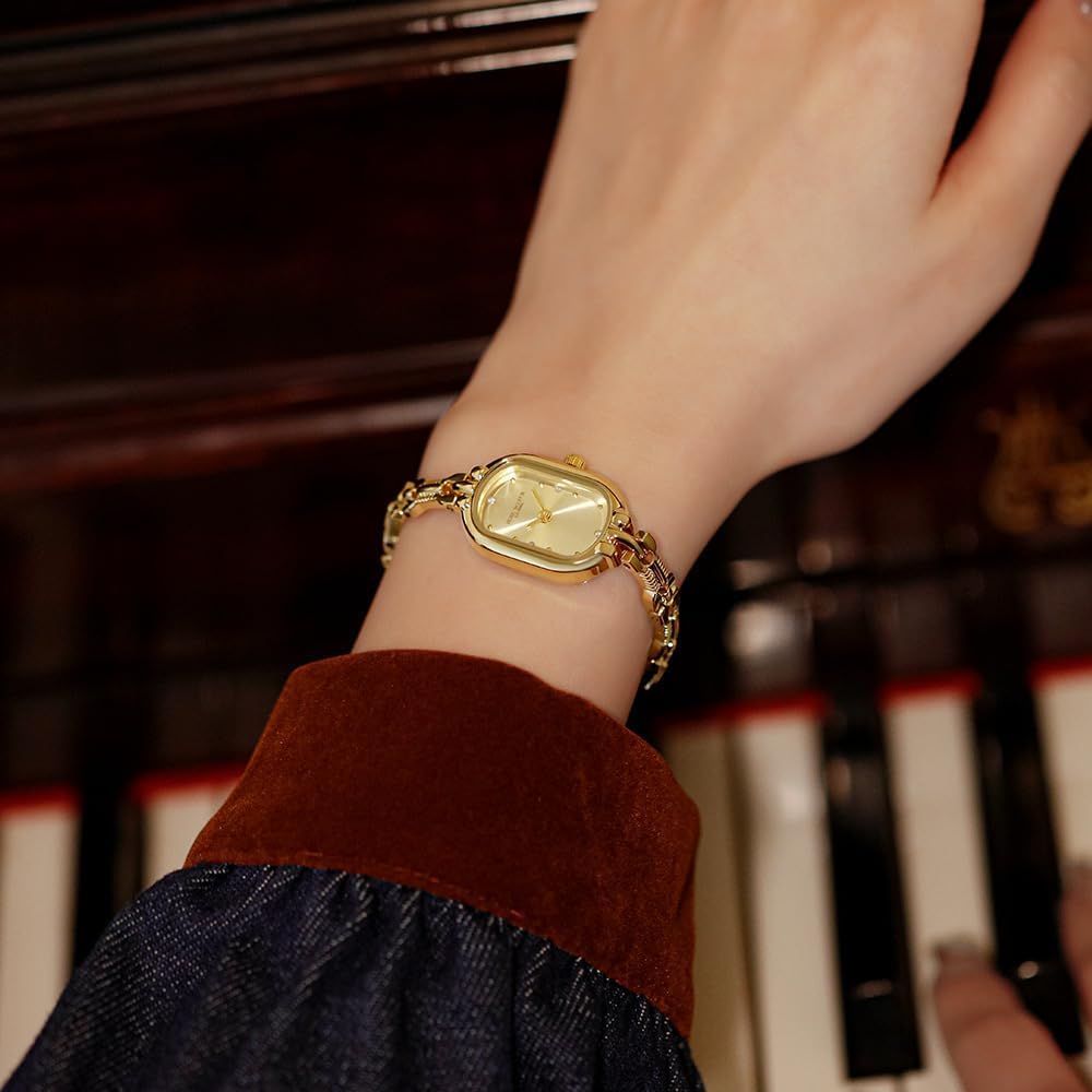 CARLIEN Women Vintage Petite Bracelet Gold Dainty Watch Small Oval Analog Quartz Watch Luxury Waterproof Ladies Diamonds Wristwatch (Gold)